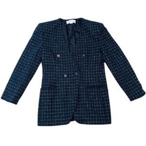 Vtg Jones New York Women's Sz 8 100% Wool Jacket Blazer Black Check Plaid USA